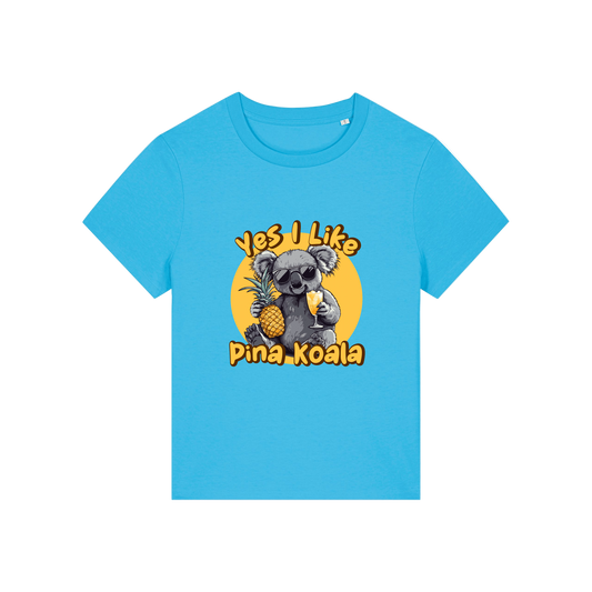 blue funny animal t-shirt with the graphic of a koala holding a drink and a pineapple and the slogan 'yes i like pina koala'
