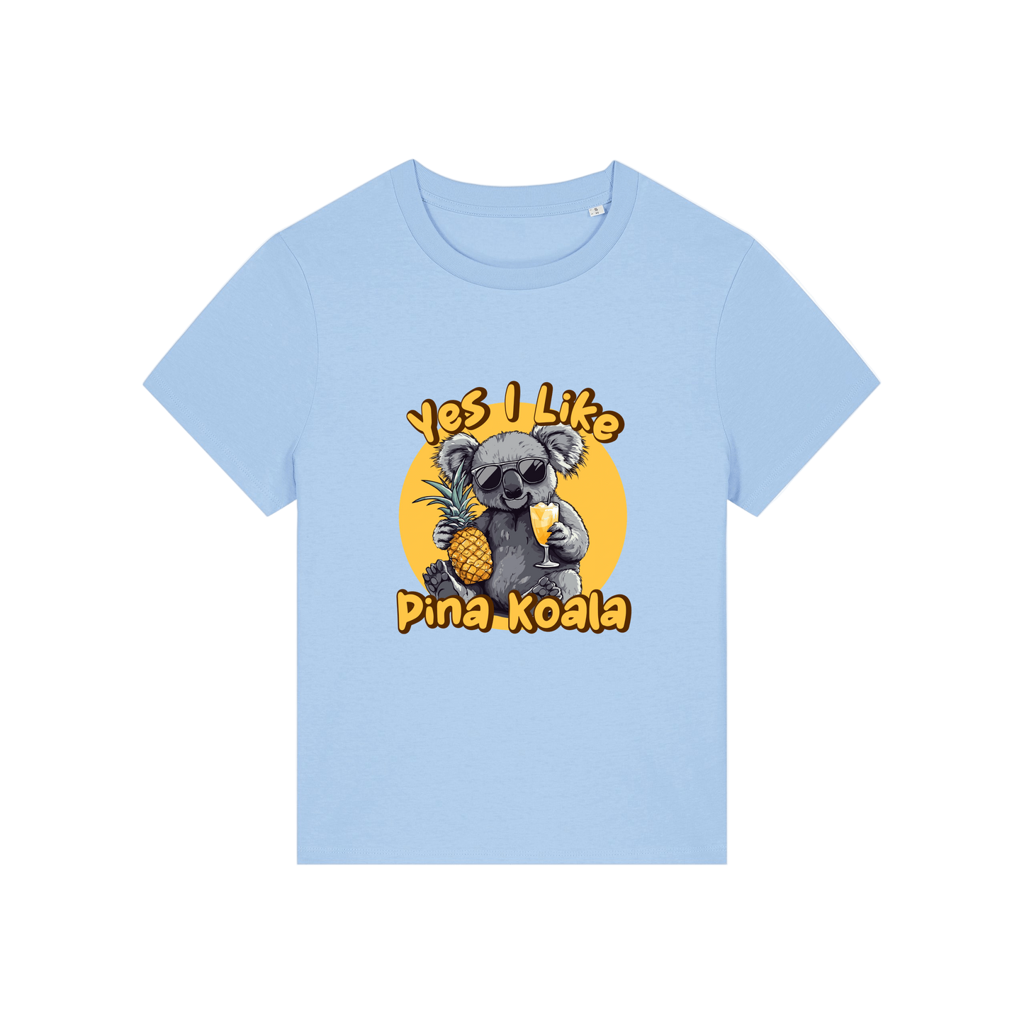 light blue funny animal t-shirt with the graphic of a koala holding a drink and a pineapple and the slogan 'yes i like pina koala'