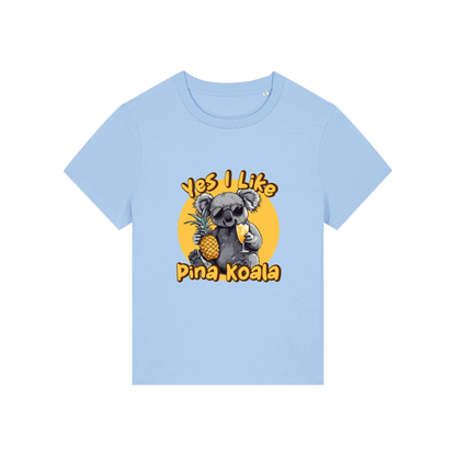 light blue funny animal t-shirt with the graphic of a koala holding a drink and a pineapple and the slogan 'yes i like pina koala'