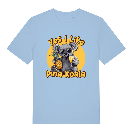light blue women's funny animal t-shirt with the graphic of a koala and the slogan 'yes i like pina koala'