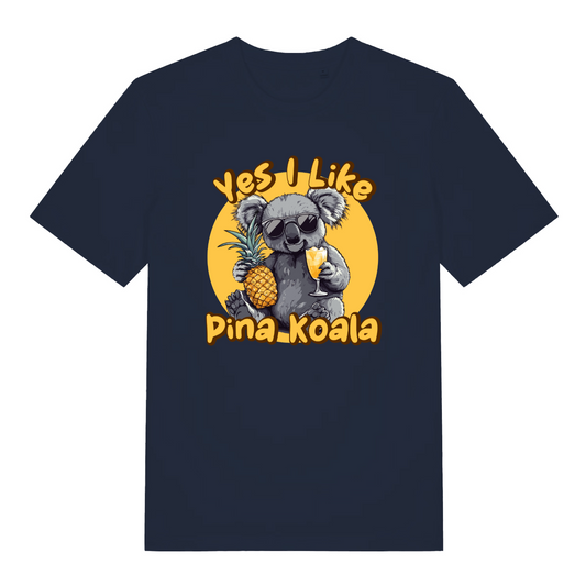 navy women's funny animal t-shirt with the graphic of a koala and the slogan 'yes i like pina koala'