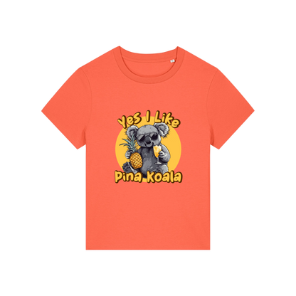 orange funny animal t-shirt with the graphic of a koala holding a drink and a pineapple and the slogan 'yes i like pina koala'