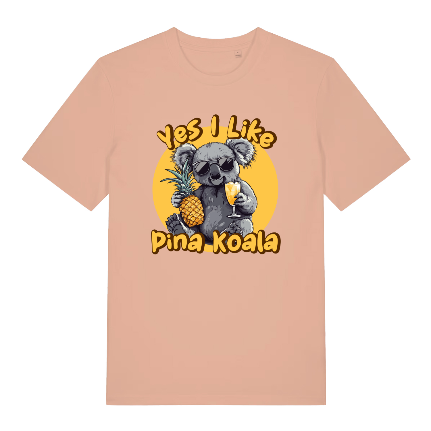peach women's funny animal t-shirt with the graphic of a koala and the slogan 'yes i like pina koala'