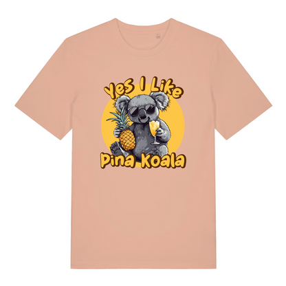 peach women's funny animal t-shirt with the graphic of a koala and the slogan 'yes i like pina koala'