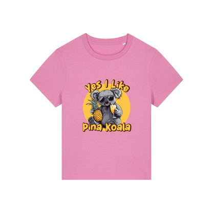 pink funny animal t-shirt with the graphic of a koala holding a drink and a pineapple and the slogan 'yes i like pina koala'