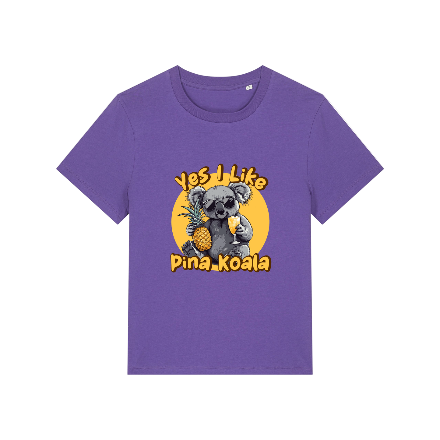 purple funny animal t-shirt with the graphic of a koala holding a drink and a pineapple and the slogan 'yes i like pina koala'