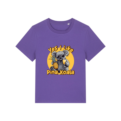purple funny animal t-shirt with the graphic of a koala holding a drink and a pineapple and the slogan 'yes i like pina koala'