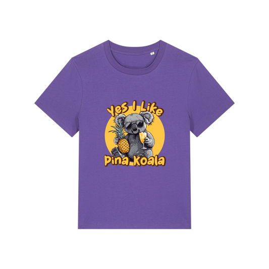 purple funny animal t-shirt with the graphic of a koala holding a drink and a pineapple and the slogan 'yes i like pina koala'