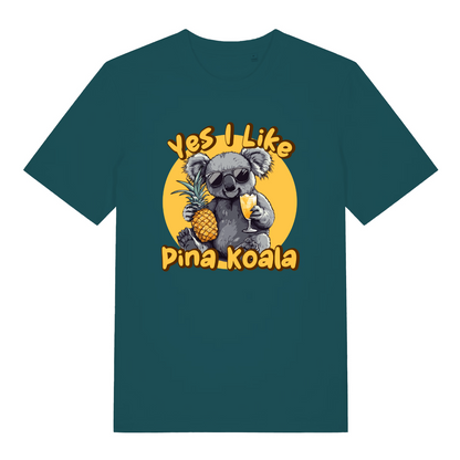 teal women's funny animal t-shirt with the graphic of a koala and the slogan 'yes i like pina koala'