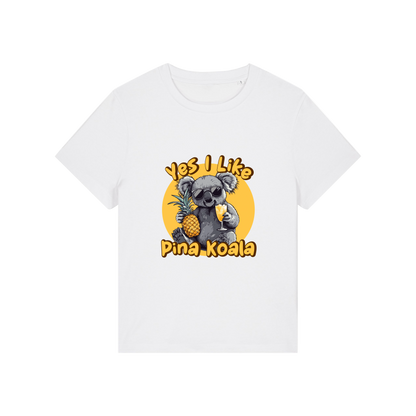 white funny animal t-shirt with the graphic of a koala holding a drink and a pineapple and the slogan 'yes i like pina koala'