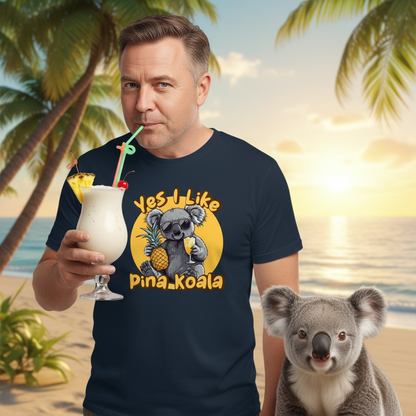 Man wearing a 'Yes I Like Pina Koala' t-shirt with a koala graphic, holding a cocktail on a beach.