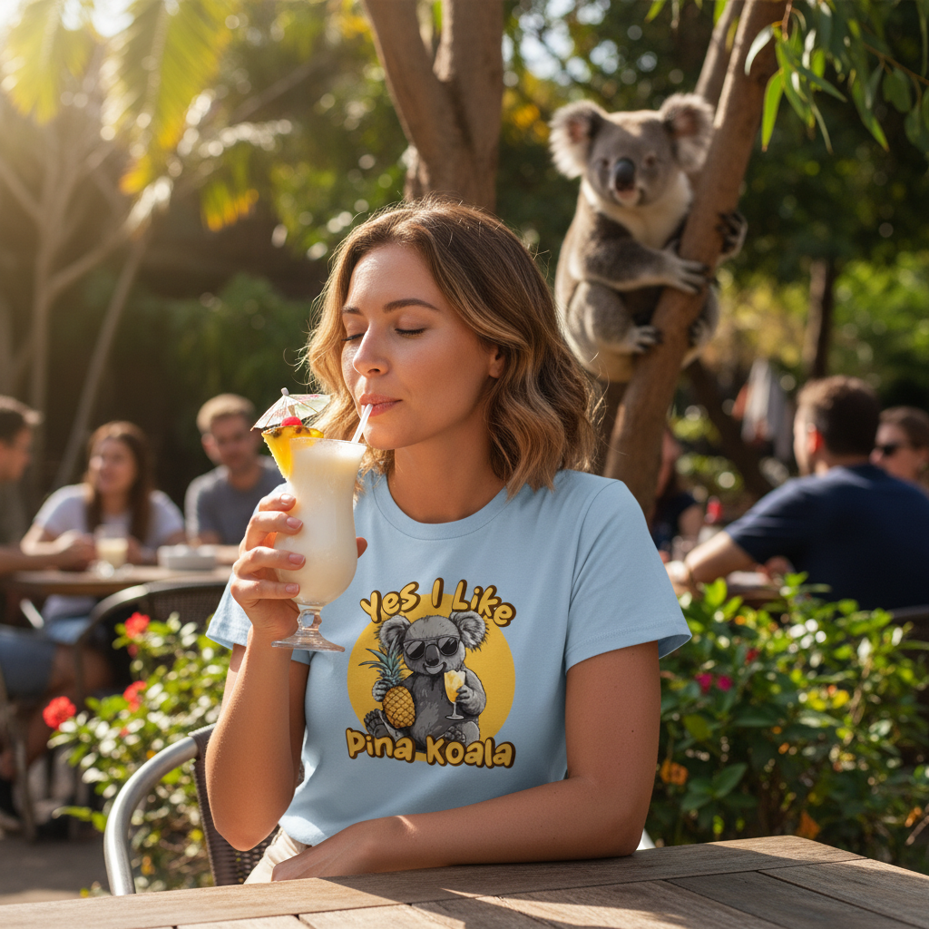 Woman drinking a cocktail with a koala graphic on her shirt, surrounded by people and greenery.