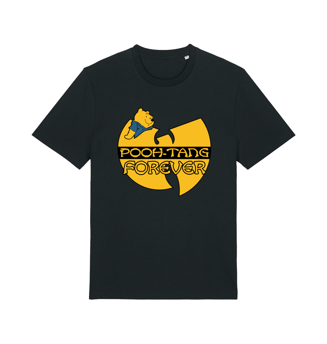 black music t-shirt with the graphic of a cartoon bear and 'pooh tang forever' 