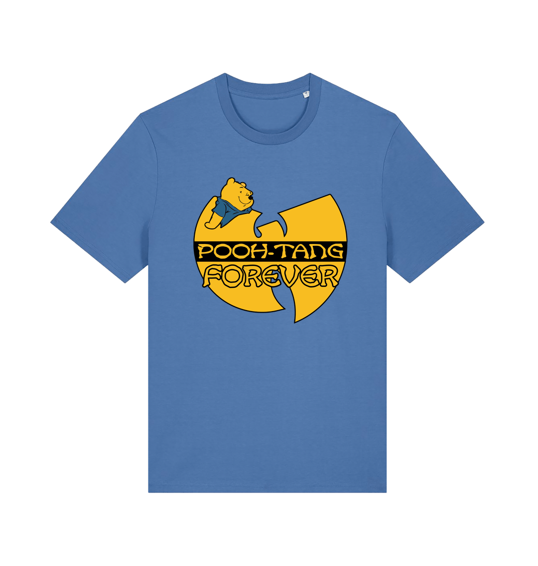 blue music t-shirt with the graphic of a cartoon bear and 'pooh tang forever' 