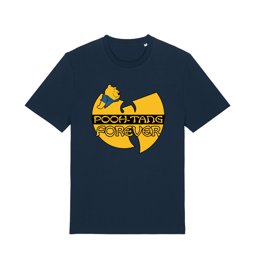 navy music t-shirt with the graphic of a cartoon bear and 'pooh tang forever' 