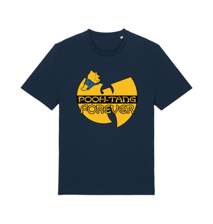 navy music t-shirt with the graphic of a cartoon bear and 'pooh tang forever' 