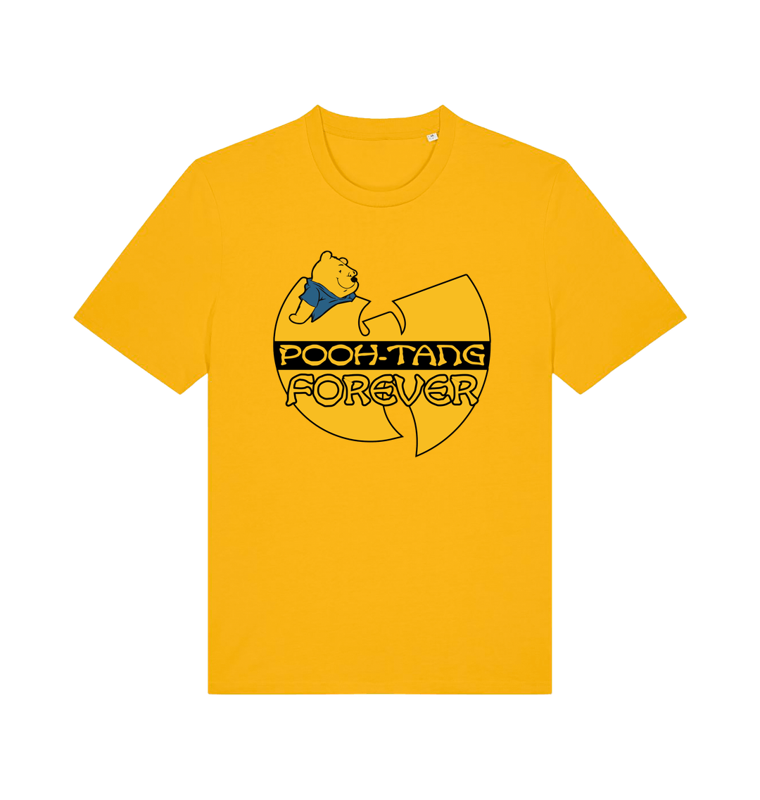 yellow music t-shirt with the graphic of a cartoon bear and  'pooh tang forever' 