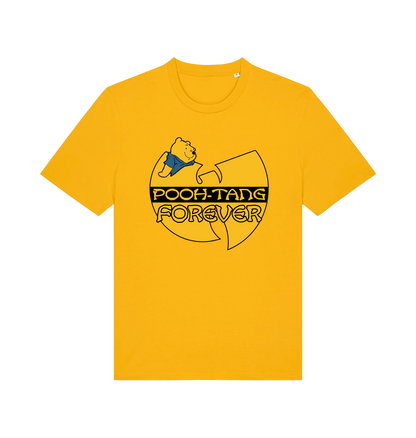 yellow music t-shirt with the graphic of a cartoon bear and  'pooh tang forever' 
