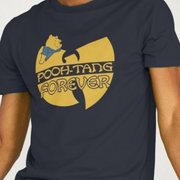 Black funny parody t-shirt with a yellow 'Pooh-Tang Forever' graphic design, inspired by wutang