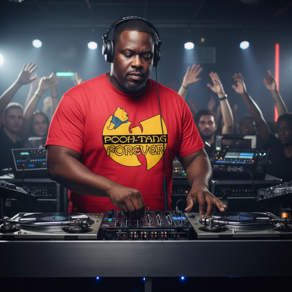 DJ in a red shirt with a Wu-Tang Clan logo at a music event.