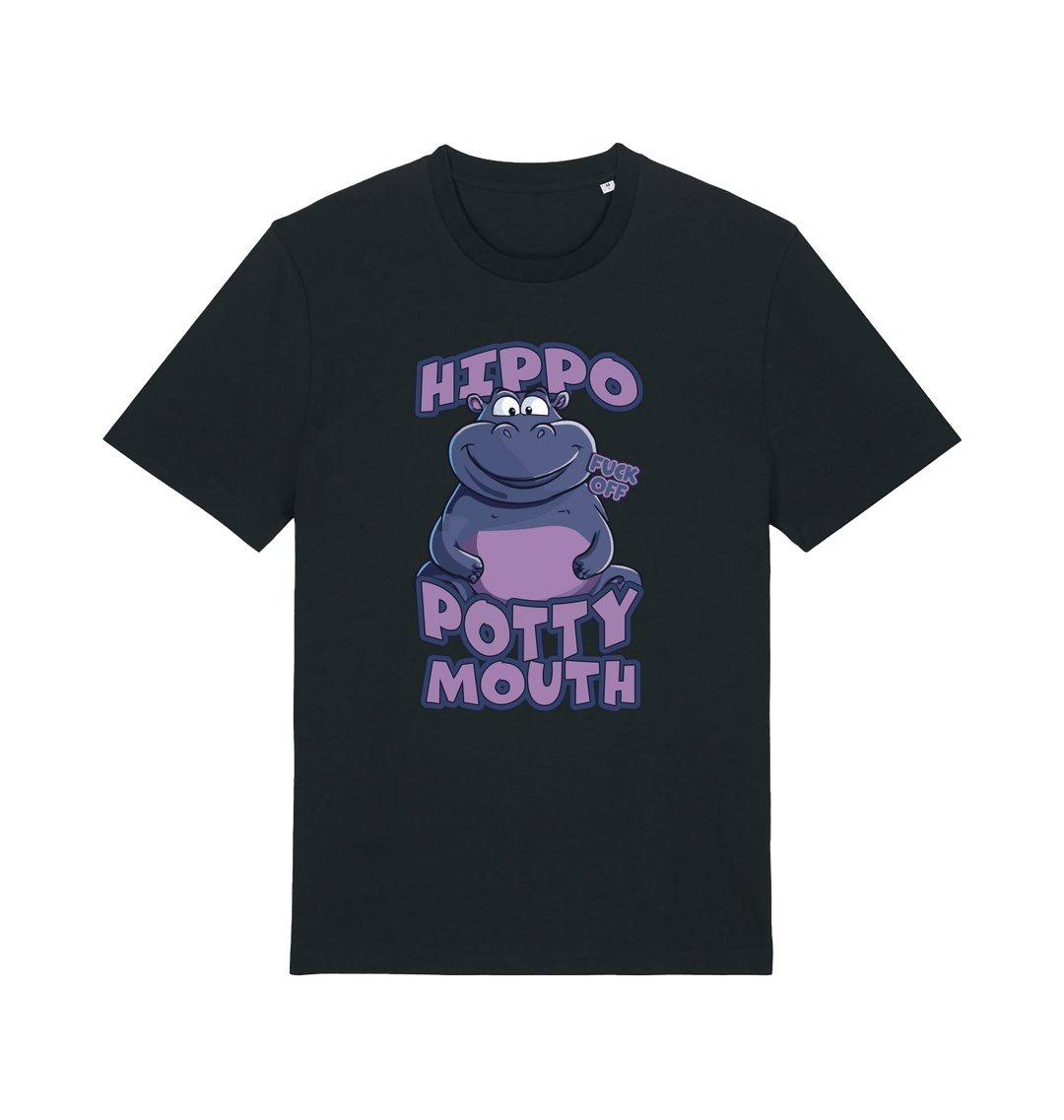 black funny animal t-shirt with the graphic of a hippo and the slogan 'hippo potty mouth'