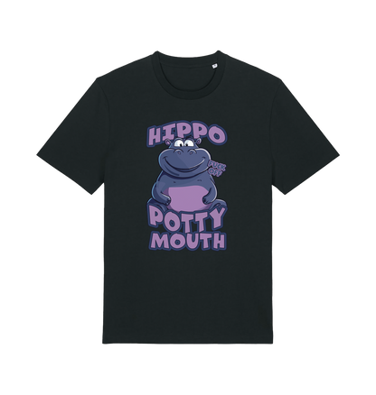 black funny animal t-shirt with the graphic of a hippo and the slogan 'hippo potty mouth'