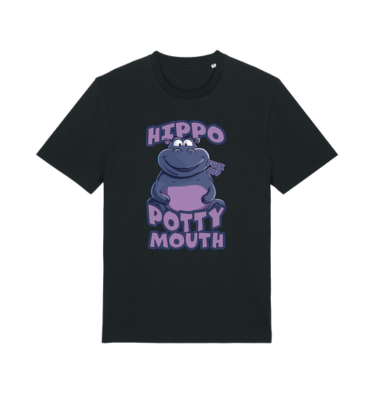 black funny animal t-shirt with the graphic of a hippo and the slogan 'hippo potty mouth'