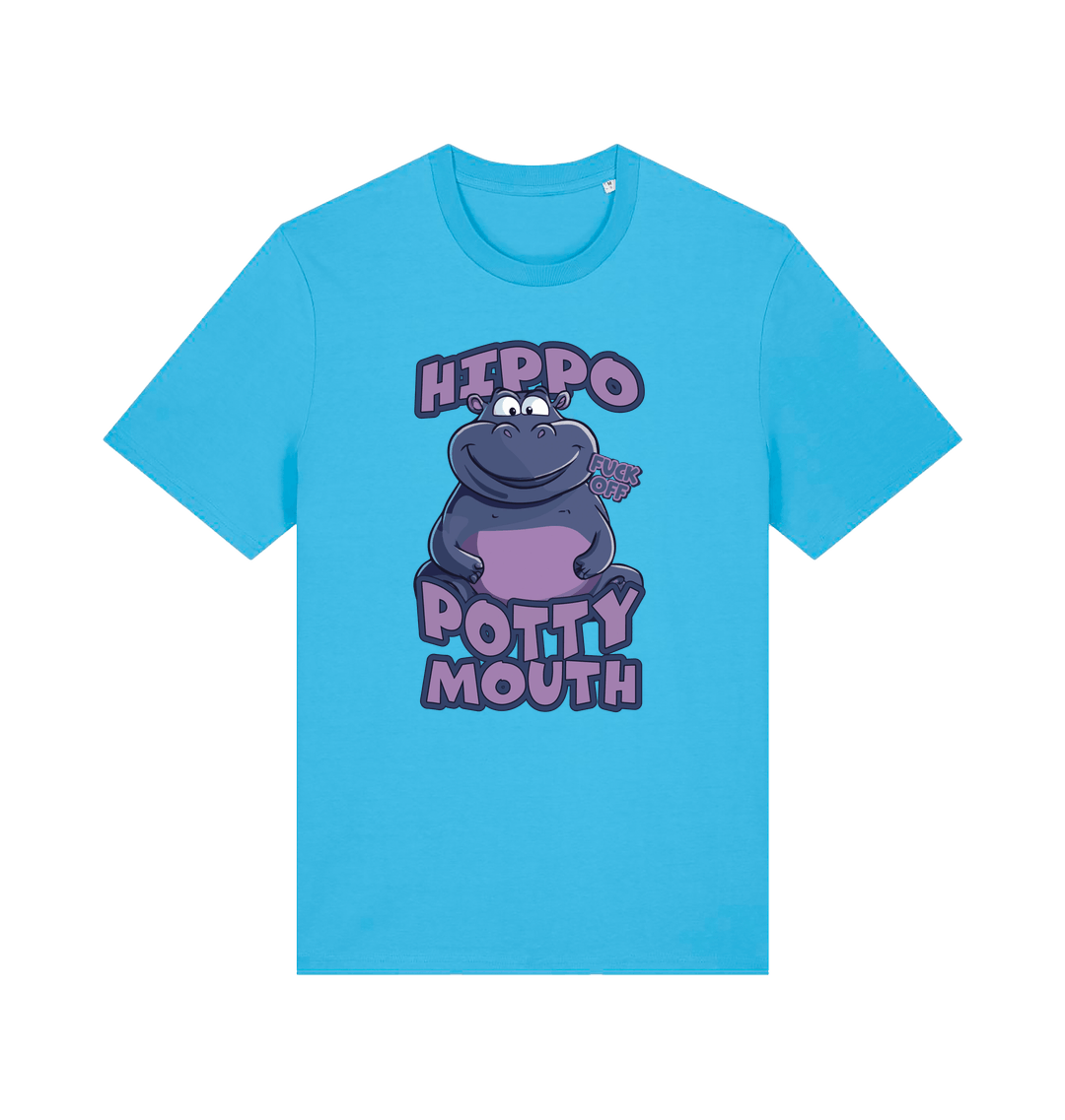 blue funny animal t-shirt with the graphic of a hippo and the slogan 'hippo potty mouth'