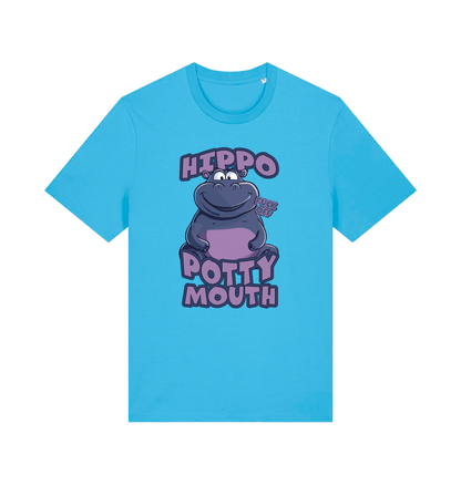 blue funny animal t-shirt with the graphic of a hippo and the slogan 'hippo potty mouth'