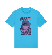 blue funny animal t-shirt with the graphic of a hippo and the slogan 'hippo potty mouth'