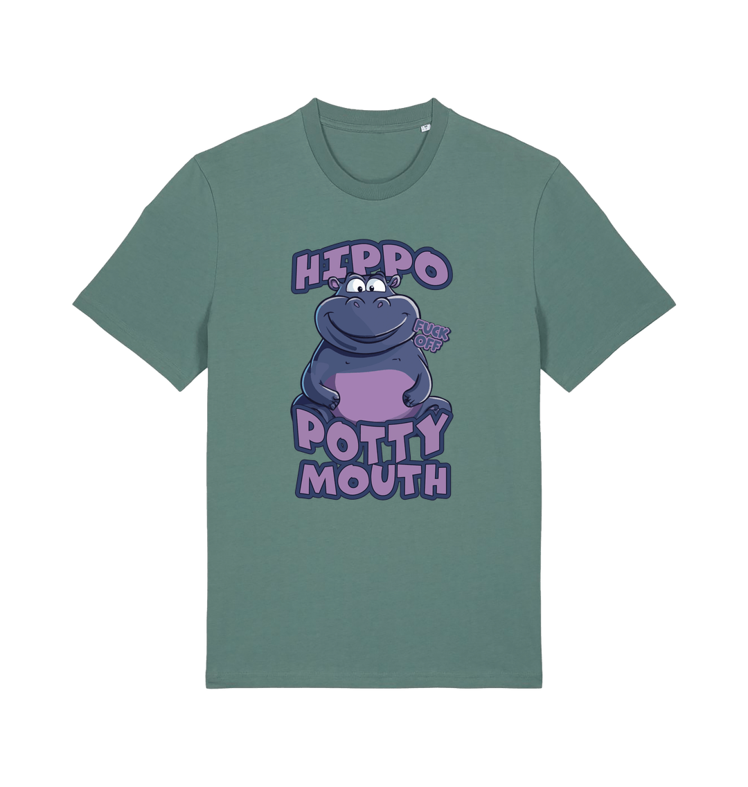 green funny animal t-shirt with the graphic of a hippo and the slogan 'hippo potty mouth'