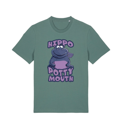 green funny animal t-shirt with the graphic of a hippo and the slogan 'hippo potty mouth'