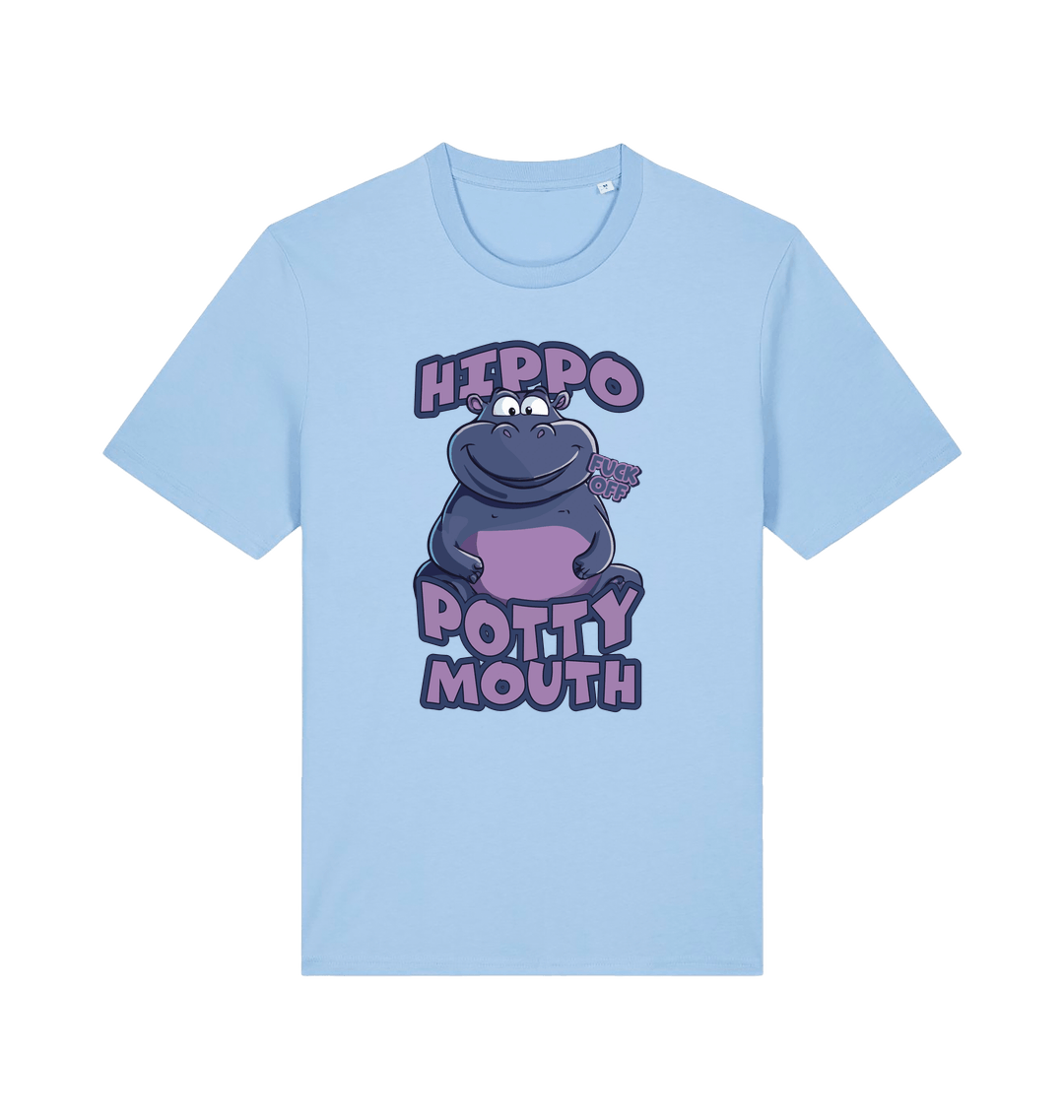 light blue funny animal t-shirt with the graphic of a hippo and the slogan 'hippo potty mouth'