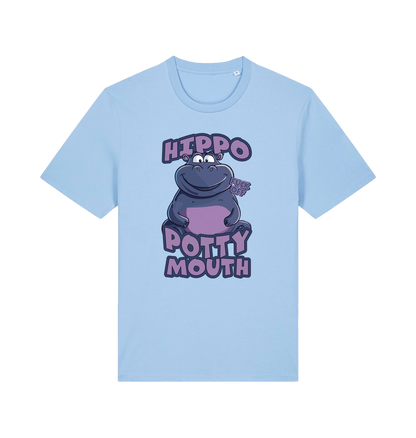 light blue funny animal t-shirt with the graphic of a hippo and the slogan 'hippo potty mouth'