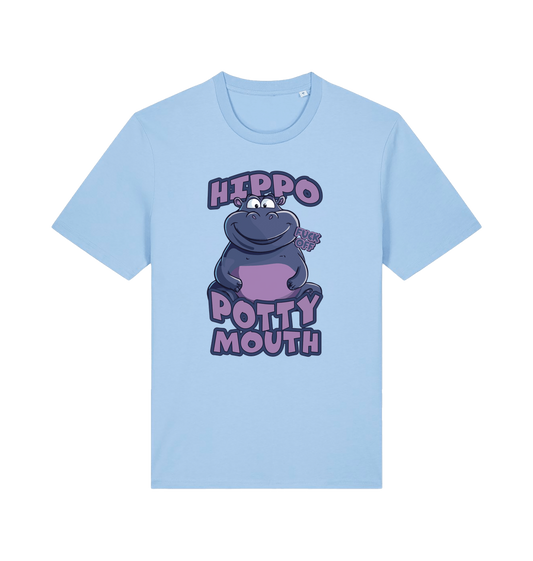 light blue funny animal t-shirt with the graphic of a hippo and the slogan 'hippo potty mouth'