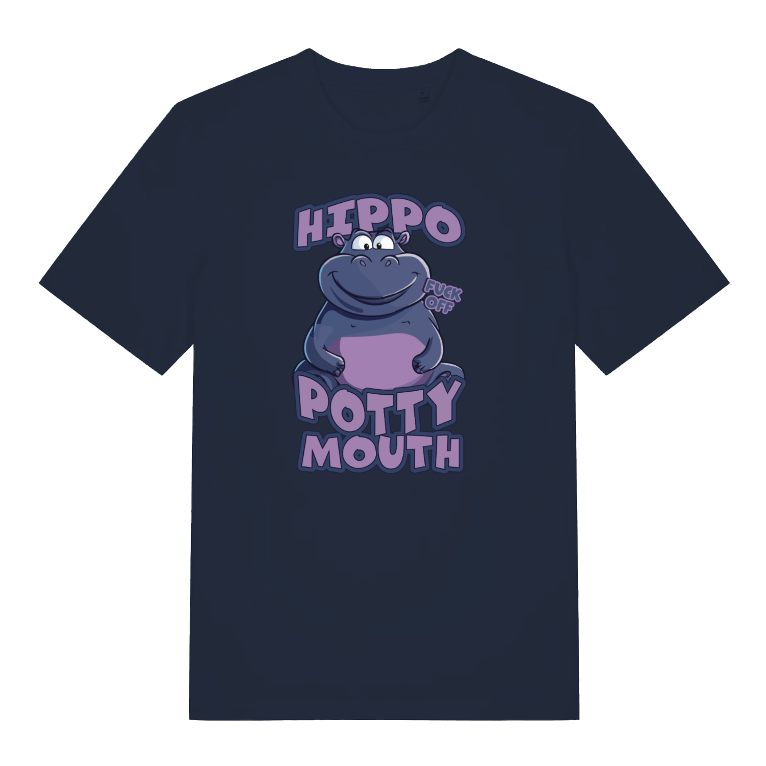 navy funny animal t-shirt with the graphic of a hippo and the slogan 'hippo potty mouth'
