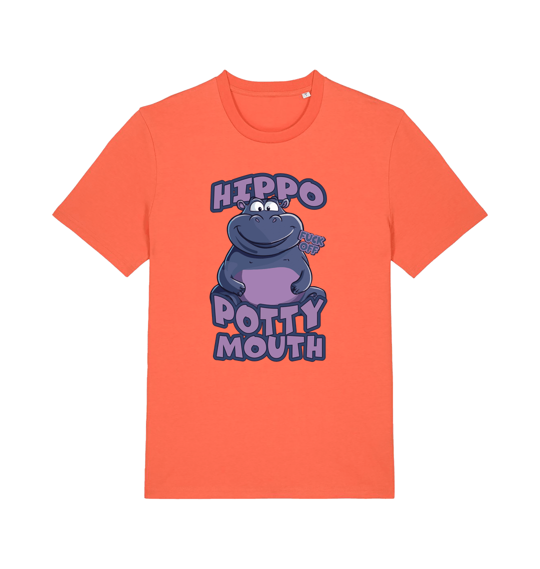 orange funny animal t-shirt with the graphic of a hippo and the slogan 'hippo potty mouth'