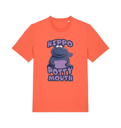orange funny animal t-shirt with the graphic of a hippo and the slogan 'hippo potty mouth'