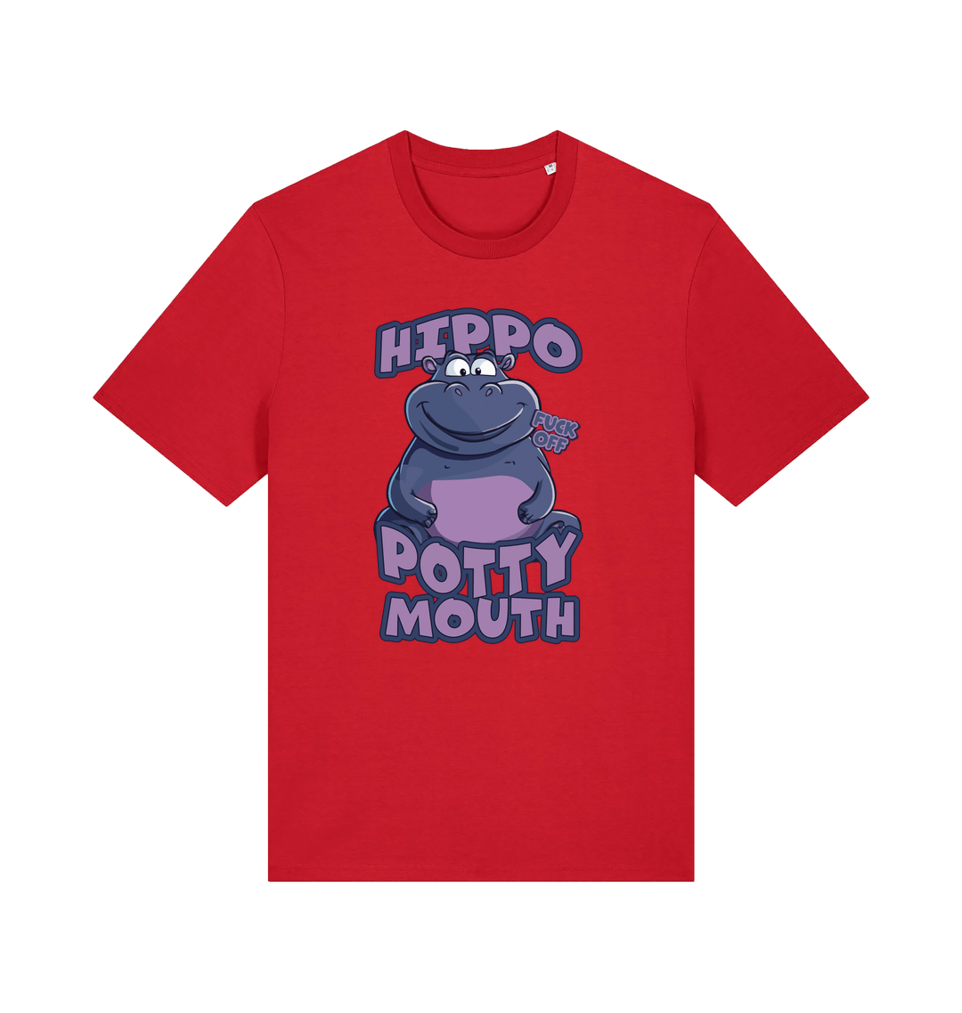 red funny animal t-shirt with the graphic of a hippo and the slogan 'hippo potty mouth'