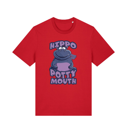 red funny animal t-shirt with the graphic of a hippo and the slogan 'hippo potty mouth'