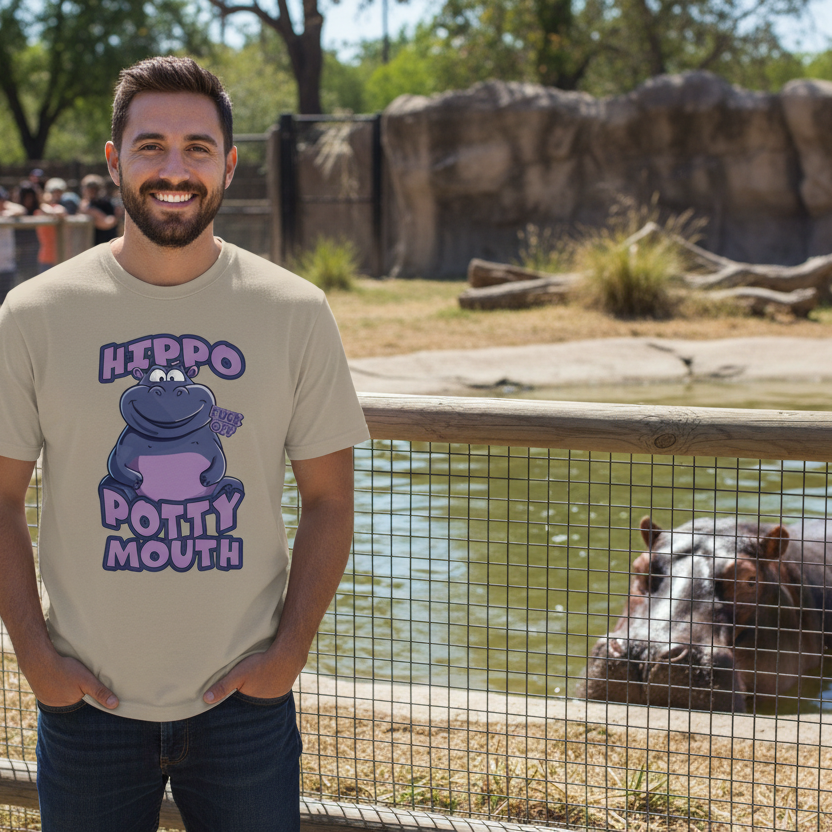 Man wearing a t-shirt with a hippo graphic and text, standing next to a hippo in an enclosure.