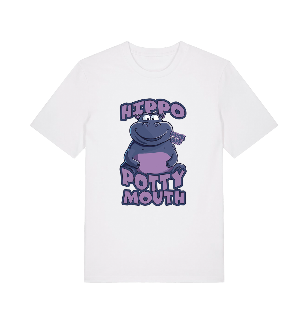white funny animal t-shirt with the graphic of a hippo and the slogan 'hippo potty mouth'