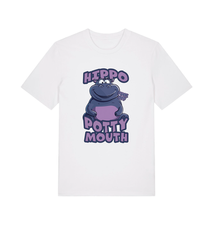 white funny animal t-shirt with the graphic of a hippo and the slogan 'hippo potty mouth'