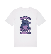 white funny animal t-shirt with the graphic of a hippo and the slogan 'hippo potty mouth'