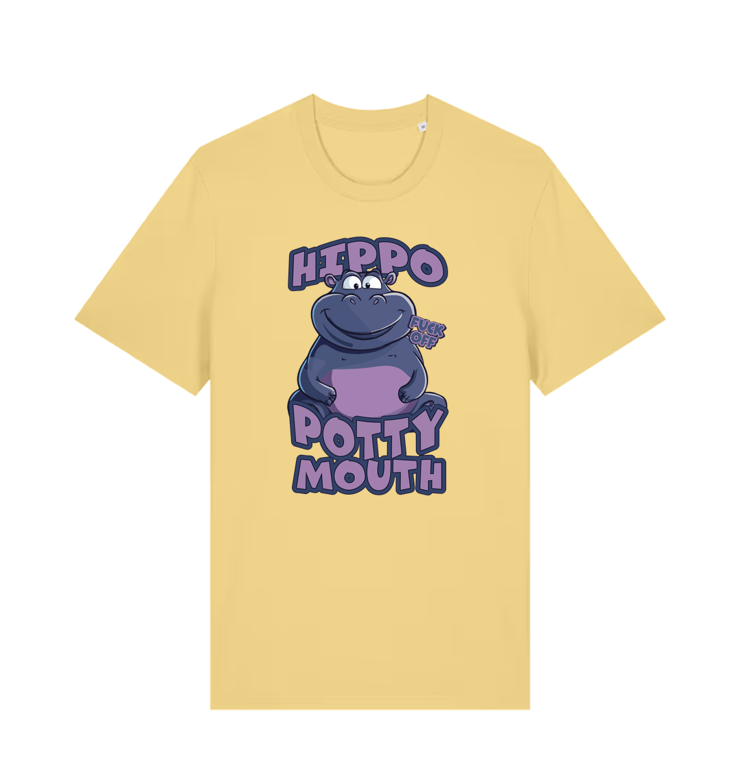 yellow funny animal t-shirt with the graphic of a hippo and the slogan 'hippo potty mouth'