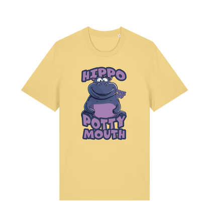 yellow funny animal t-shirt with the graphic of a hippo and the slogan 'hippo potty mouth'