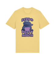 yellow funny animal t-shirt with the graphic of a hippo and the slogan 'hippo potty mouth'
