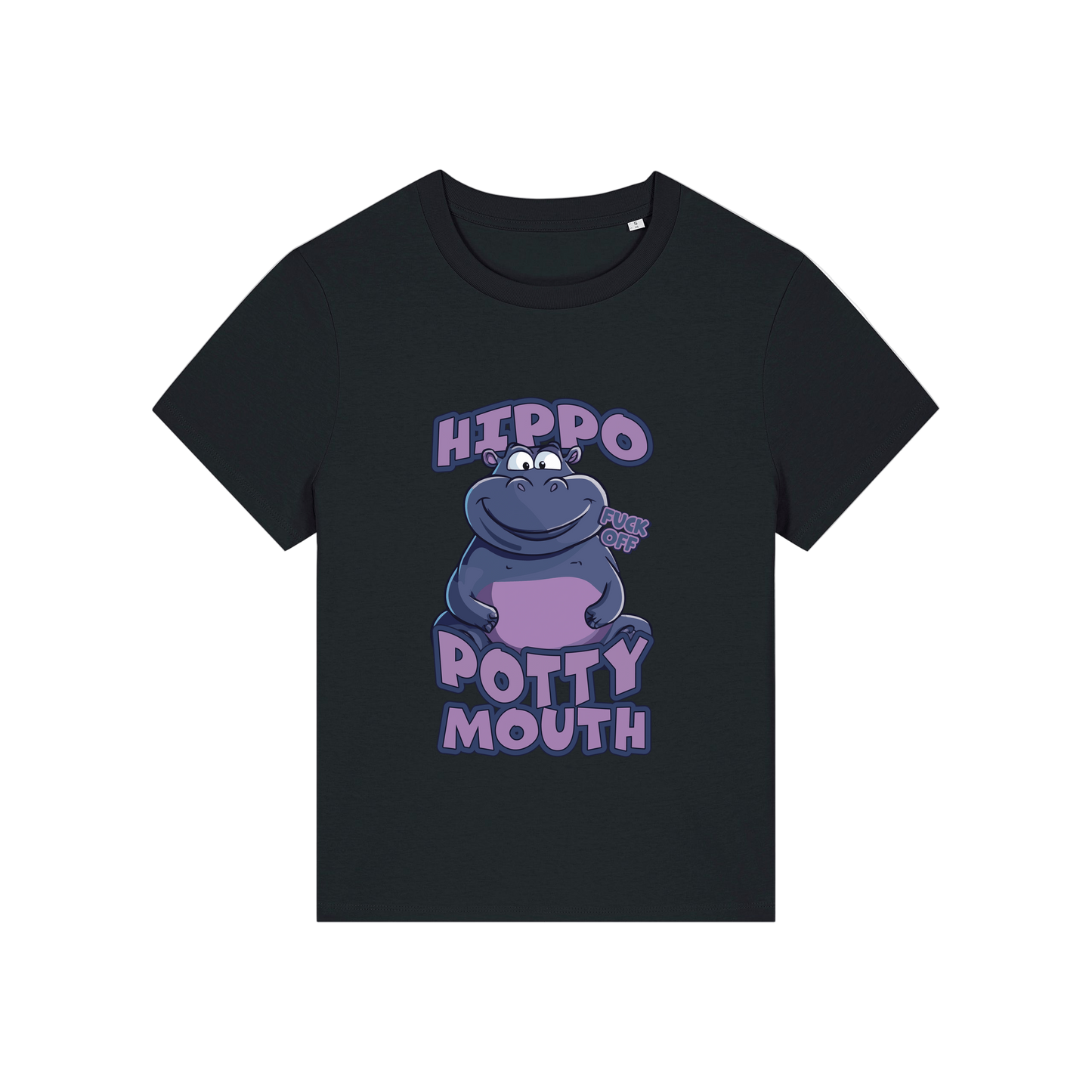 black funny animal t-shirt with the graphic of a hippo and the slogan 'hippo potty mouth'
