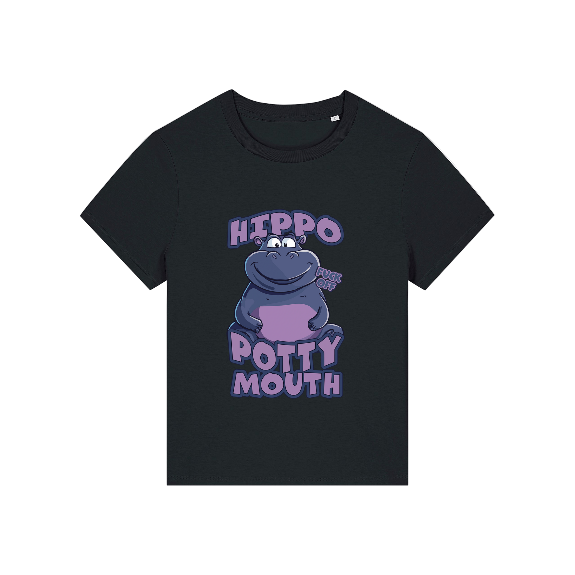 black funny animal t-shirt with the graphic of a hippo and the slogan 'hippo potty mouth'