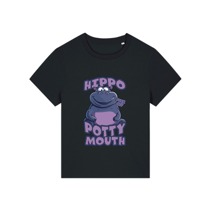 black funny animal t-shirt with the graphic of a hippo and the slogan 'hippo potty mouth'